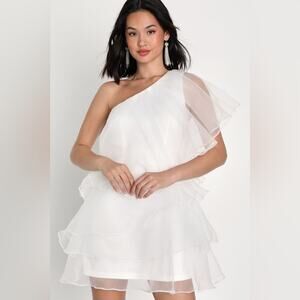 Lulus Enchanting Arrival White Organza Tiered One-Shoulder Mini Dress Size M
